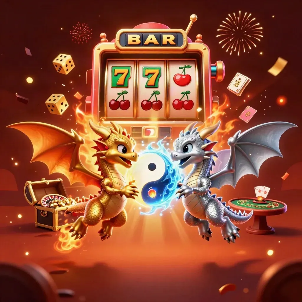 Twin gold and silver dragons swirl around a bursting slot machine in fiery casino light.