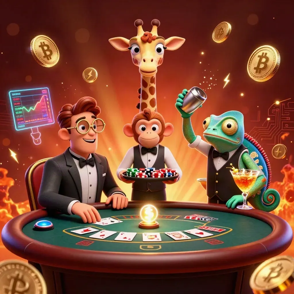Three cartoon casino heroes amid glowing crypto coins, brass, smoke, and roulette glamour.