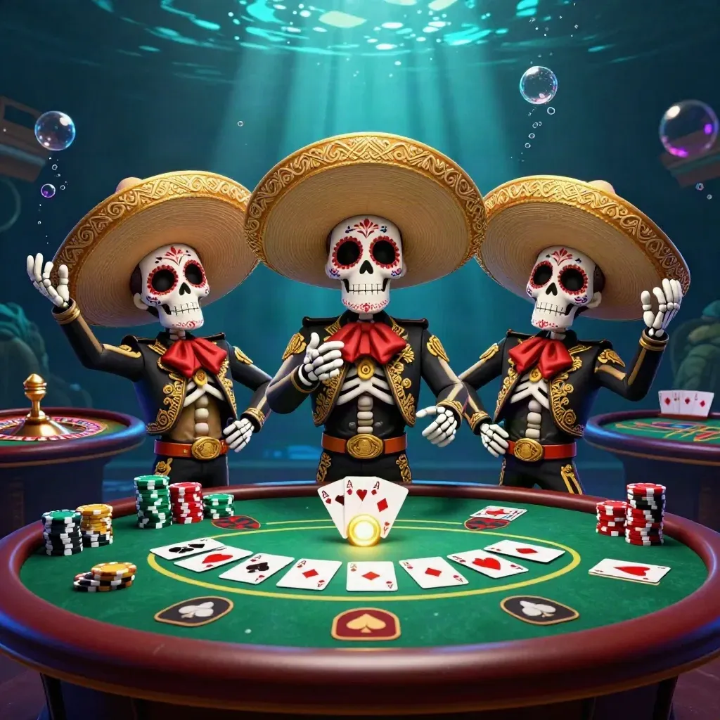 Skeleton mariachi trio in a glowing underwater casino, with cards, chips, and roulette.
