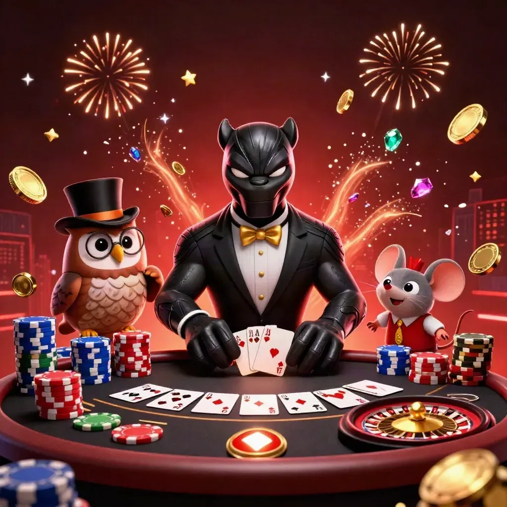 Panther, owl, and mouse celebrate amid coins, cards, chips, fireworks, and a glowing casino vault.